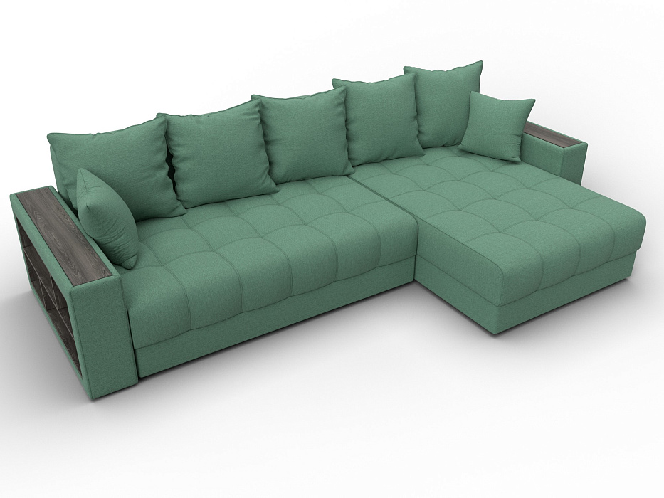 Диван угловой с декором и полкой Лига-050 НПБ (амур 11 зеленый)