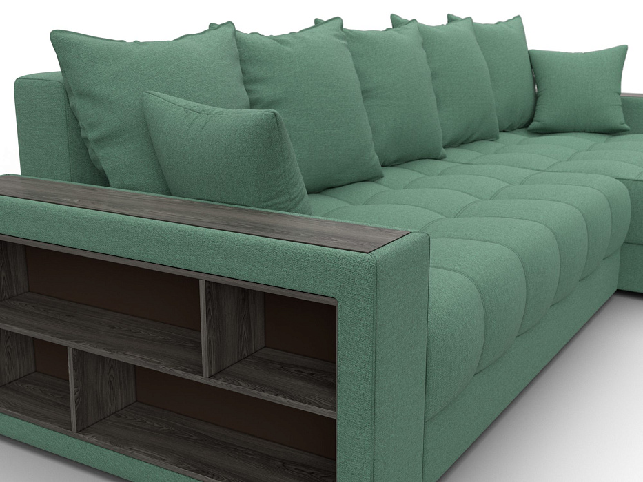 Диван угловой с декором и полкой Лига-050 НПБ (амур 11 зеленый)
